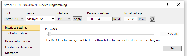 Atmel Studio 7 Device programming screen confirming Device signature for ATtiny2313a