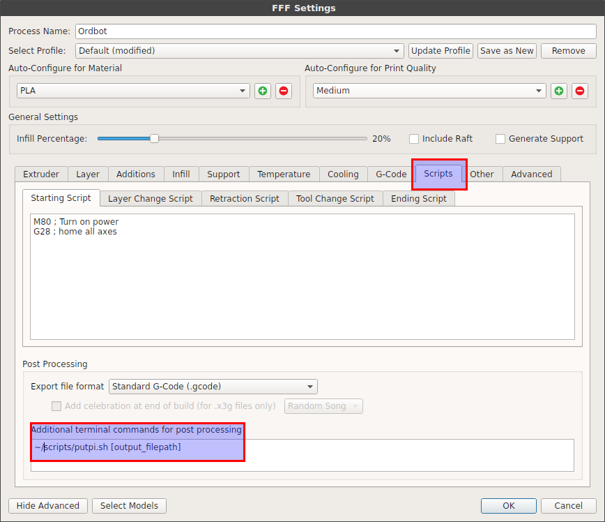 Simplify3D script for scp upload to Octoprint